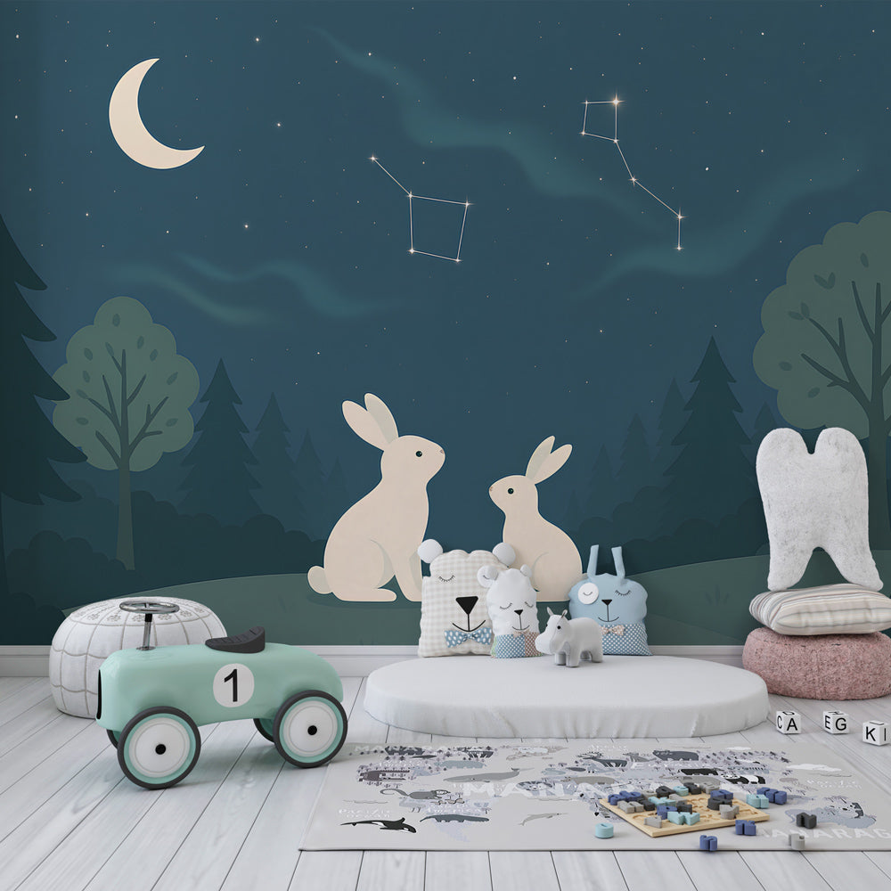 Starry night mural wallpaper with rabbits creating peaceful atmosphere in kids room by Kids-Mundo