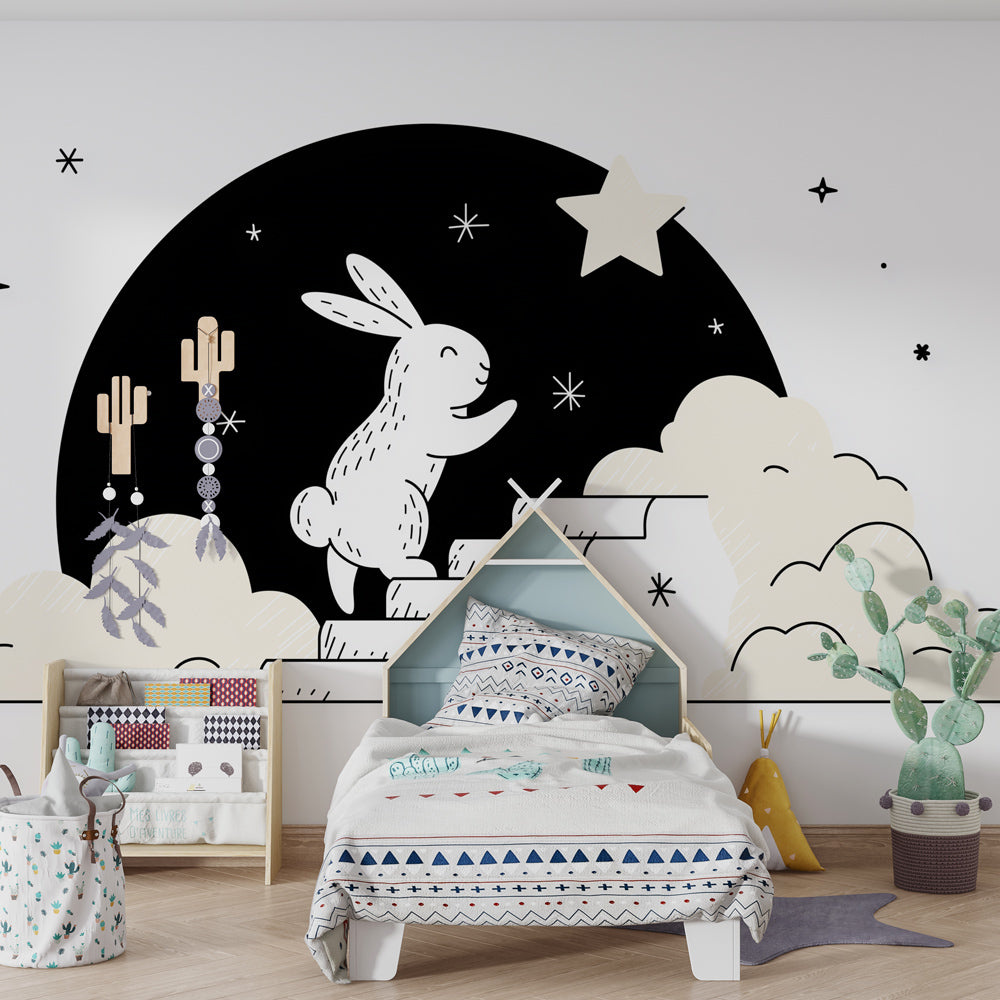Dreamy bunny climbing stars mural wallpaper for peaceful nursery sleep environment