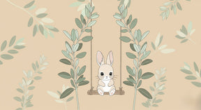 Detailed bunny swing mural wallpaper design pattern with green foliage by Kids-Mundo