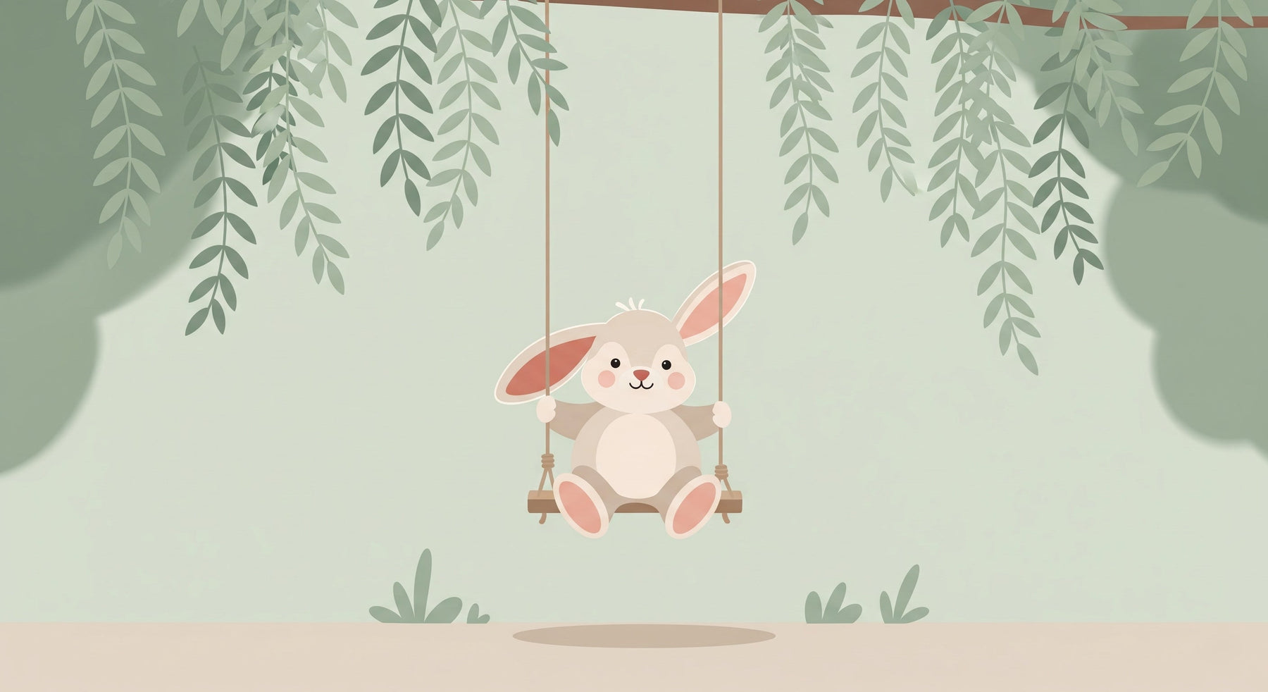 Detailed bunny swing garden mural wallpaper design pattern with delicate foliage by Kids-Mundo