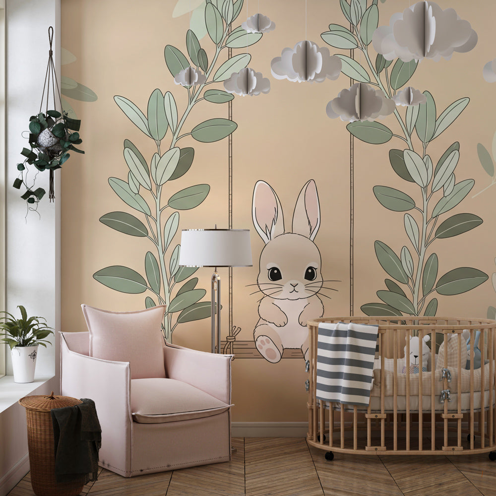 Gentle bunny animal wallpaper creating calm atmosphere in modern nursery room