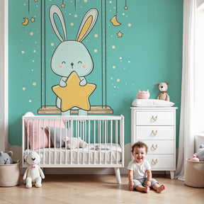 Bunny swing mural wallpaper creating magical nursery atmosphere with starry night theme by Kids-Mundo