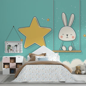 Complete nursery setup with bunny swing starry mural wallpaper creating magical atmosphere
