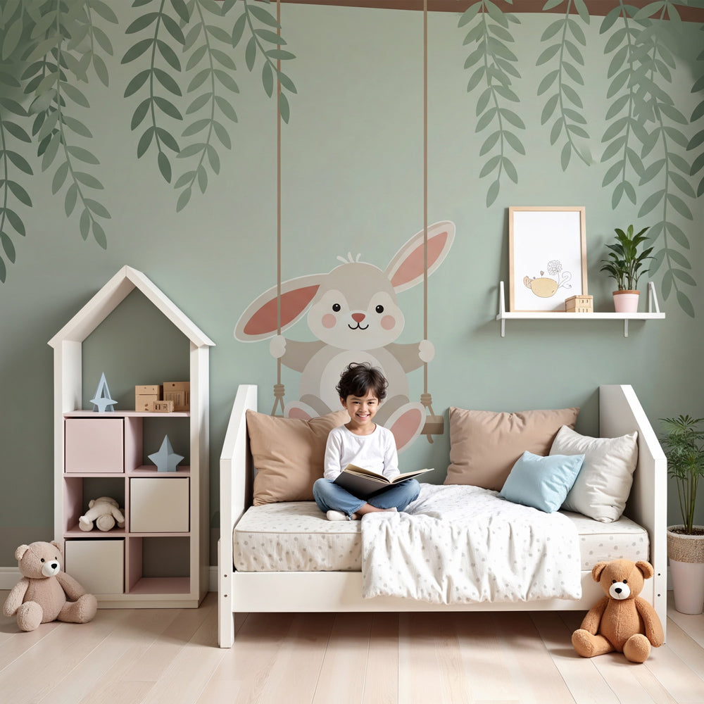 Bunny swing mural wallpaper creating peaceful garden nursery decor by Kids-Mundo