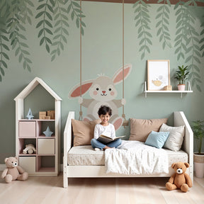 Bunny swing mural wallpaper creating peaceful garden nursery decor by Kids-Mundo