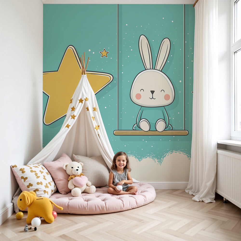 Bunny swing mural wallpaper transforming modern nursery with starry blue design by Kids-Mundo