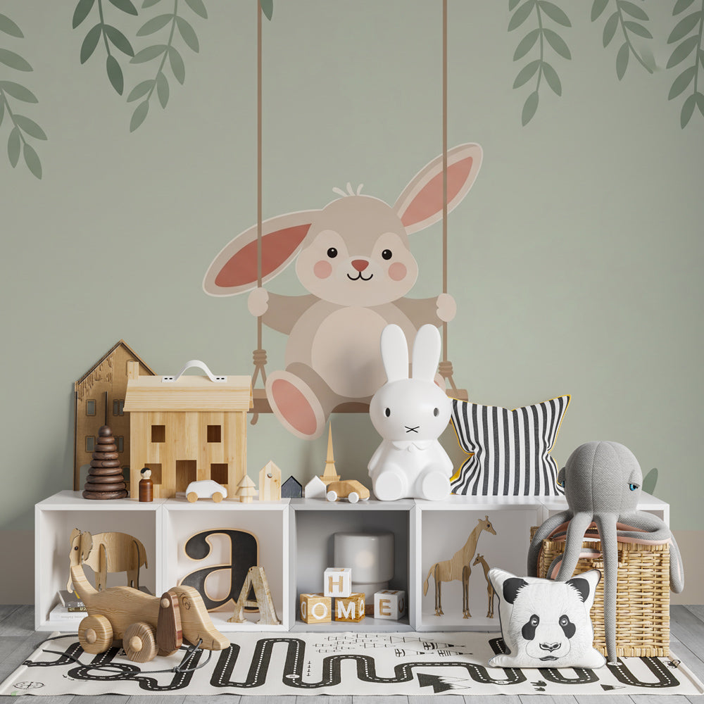 Gentle bunny swing wallpaper transforming children's playroom with pastel garden theme