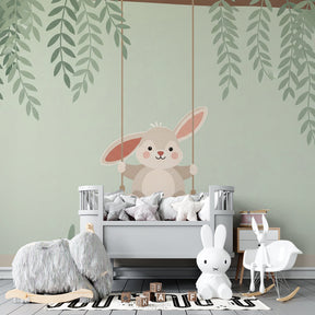 Garden bunny mural wallpaper with swing scene for cozy toddler bedroom by Kids-Mundo