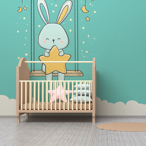 Whimsical rabbit and star mural wallpaper transforming toddler bedroom into dreamy sanctuary