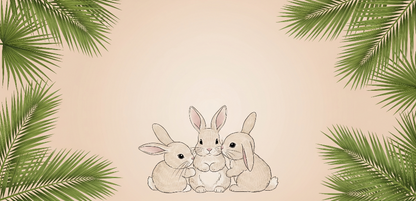 Kids-Mundo flat artwork of three sketched bunnies framed by palm leaves on a beige background