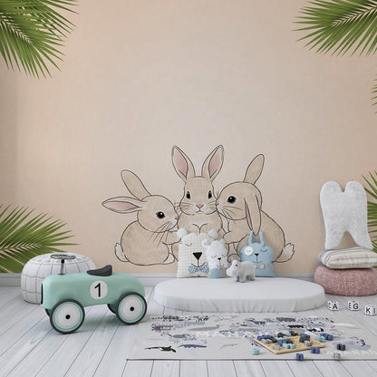 Kids-Mundo bunny and palm leaf wall mural brightening a beige playroom feature wall