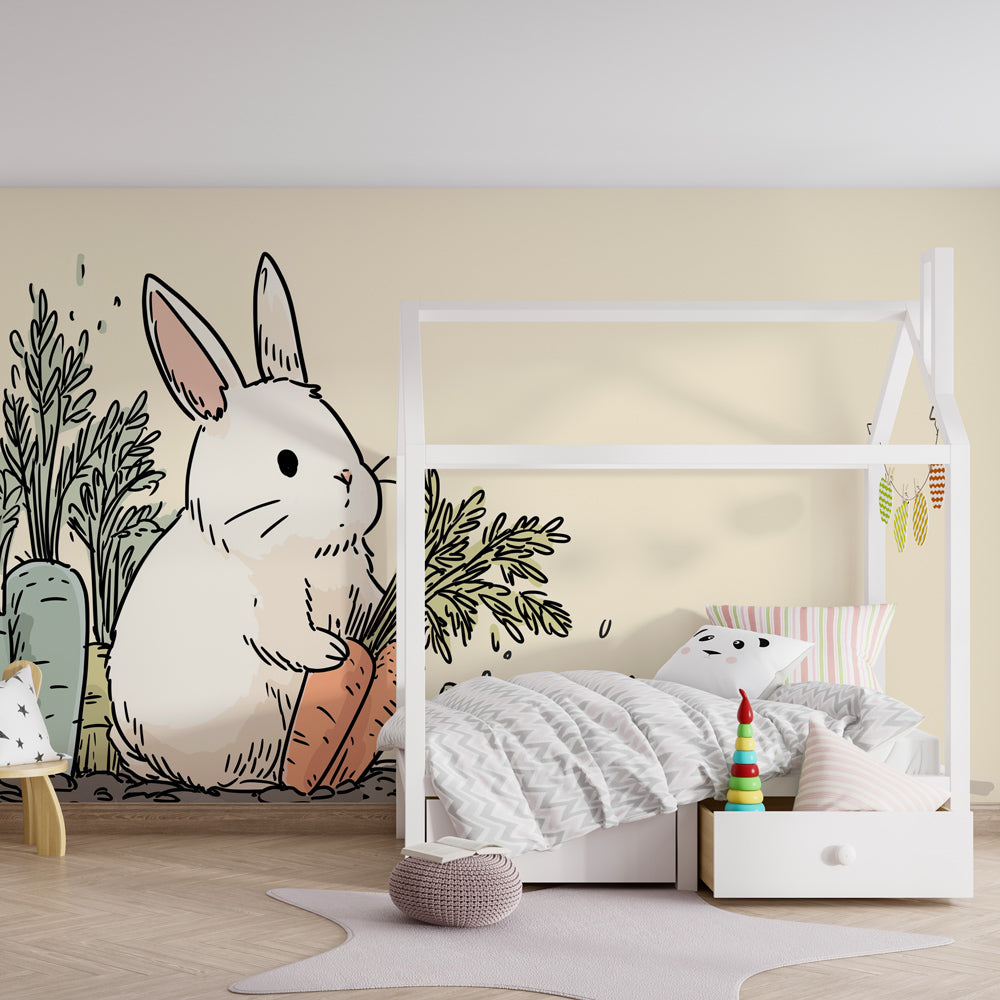 Soft bunny garden wallpaper creating cozy toddler bedroom atmosphere with warm lighting