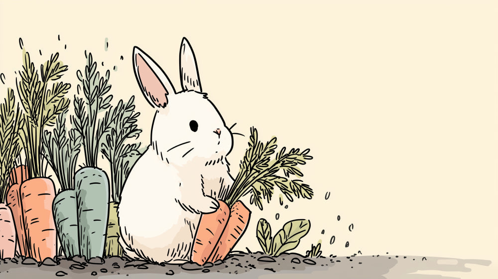 Detailed bunny and vegetables mural wallpaper design pattern in soft pastel colors by Kids-Mundo