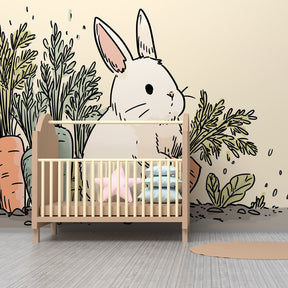 Baby room featuring gentle bunny and carrots mural wallpaper with organic decor elements