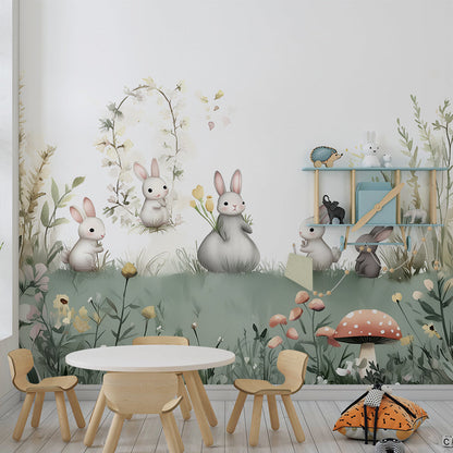 Kids-Mundo family of bunnies wall mural styled in a gentle kids bedroom