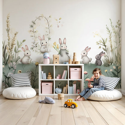 Kids-Mundo bunny meadow wall mural with wildflowers in a calming sage nursery