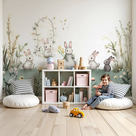 Kids-Mundo bunny meadow wall mural with wildflowers in a calming sage nursery
