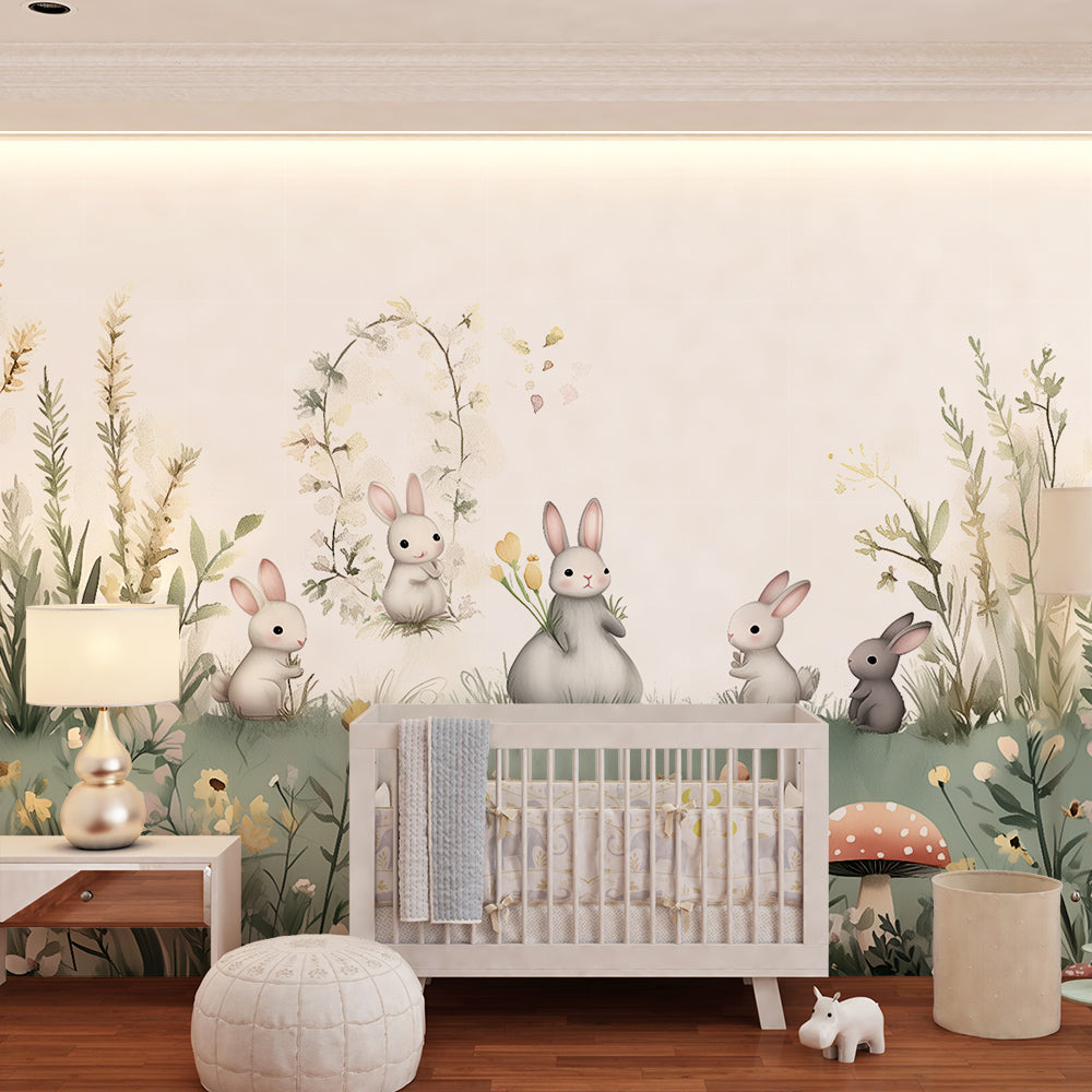 Kids-Mundo sage green bunny wall mural bringing calm to a children's playroom