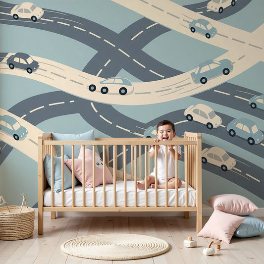 Kids-Mundo cars wall mural in a bright blue and cream nursery with cot and rug