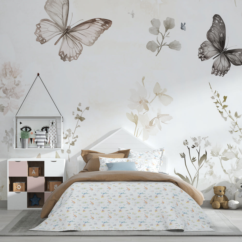 Gentle beige floral mural wallpaper with butterflies for calming children's room by Kids-Mundo
