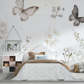 Gentle beige floral mural wallpaper with butterflies for calming children's room by Kids-Mundo