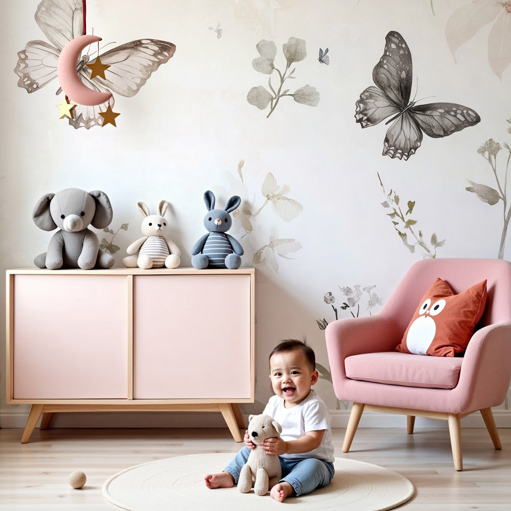 Soft watercolor butterfly floral mural wallpaper in peaceful beige nursery by Kids-Mundo