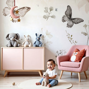 Soft watercolor butterfly floral mural wallpaper in peaceful beige nursery by Kids-Mundo