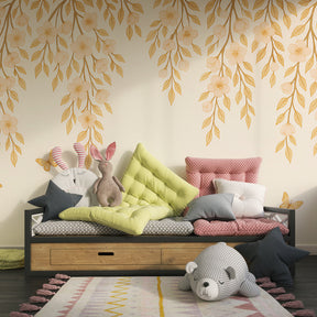 Delicate floral wallpaper creating serene baby bedroom atmosphere with soft lighting