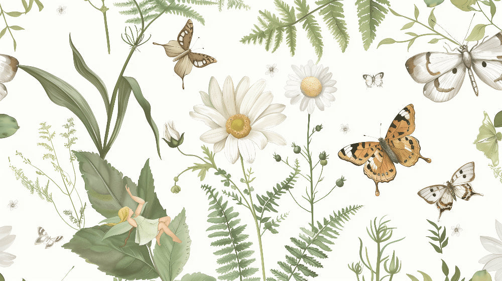 Detailed butterfly garden mural wallpaper design pattern with fairy and botanical motifs by Kids-Mundo