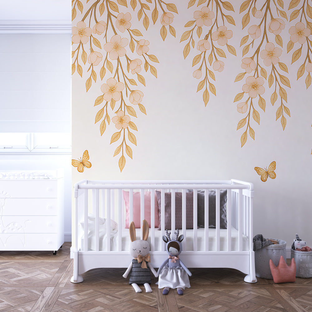 Golden butterfly wallpaper in modern children's room with wooden furniture and soft decor