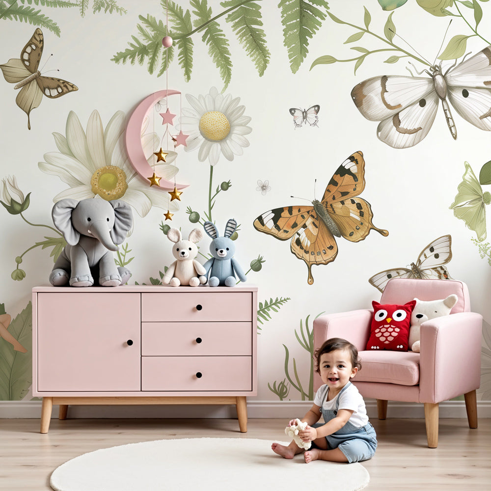 Butterfly garden mural wallpaper with fairy creating magical nursery decor by Kids-Mundo