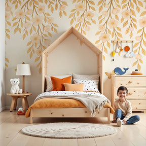 Butterfly garden mural wallpaper with golden accents in elegant nursery room by Kids-Mundo