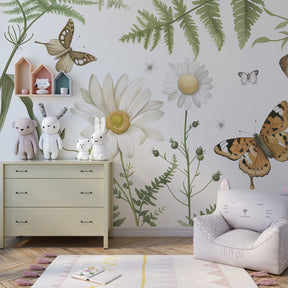 Nature themed mural wallpaper featuring fairy and botanical elements in children's playroom