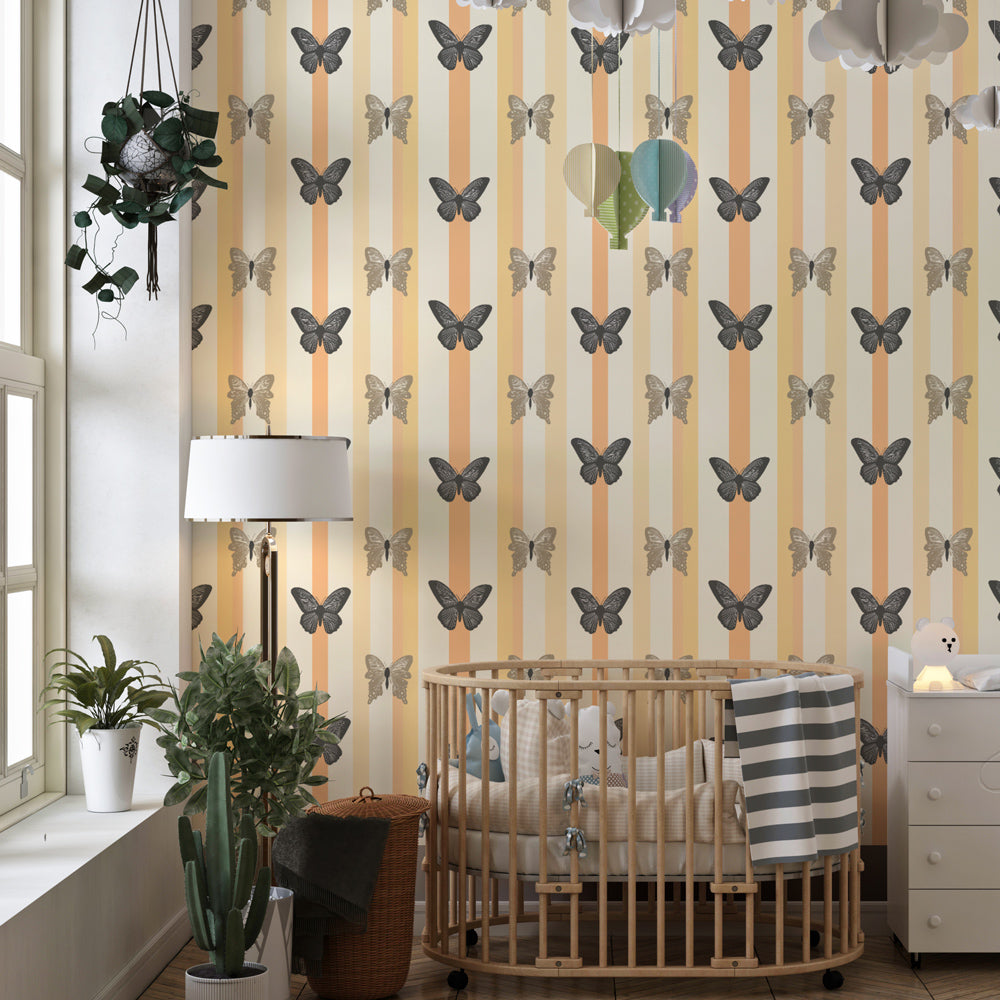 Artistic butterfly wallpaper creating elegant children's bedroom atmosphere with natural themes