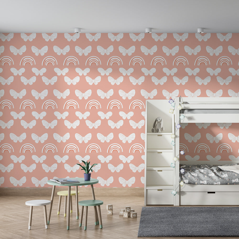 Butterfly mural wallpaper creating magical children's bedroom with rainbow motifs
