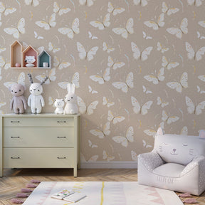 Butterfly wallpaper with beige background decorating modern children's bedroom space