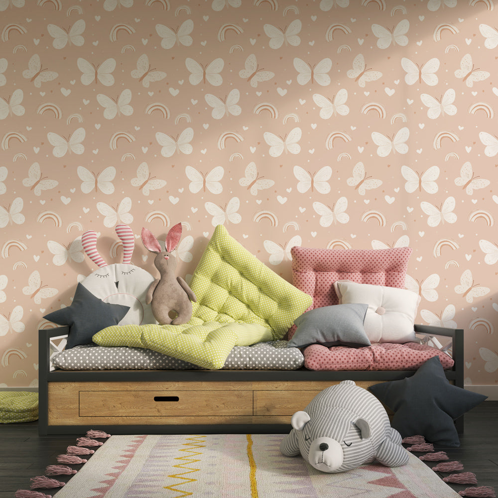 Pink butterfly rainbow wallpaper creating magical atmosphere in children's bedroom decor