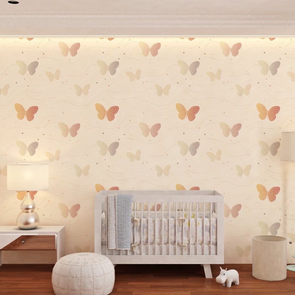Butterfly mural wallpaper for kids room featuring pastel colors and nature-inspired design