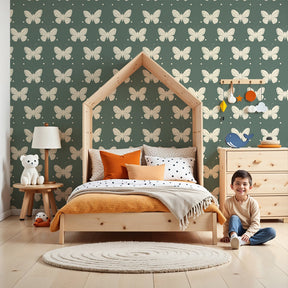 Butterfly mural wallpaper with white butterflies on green background in modern nursery by Kids-Mundo