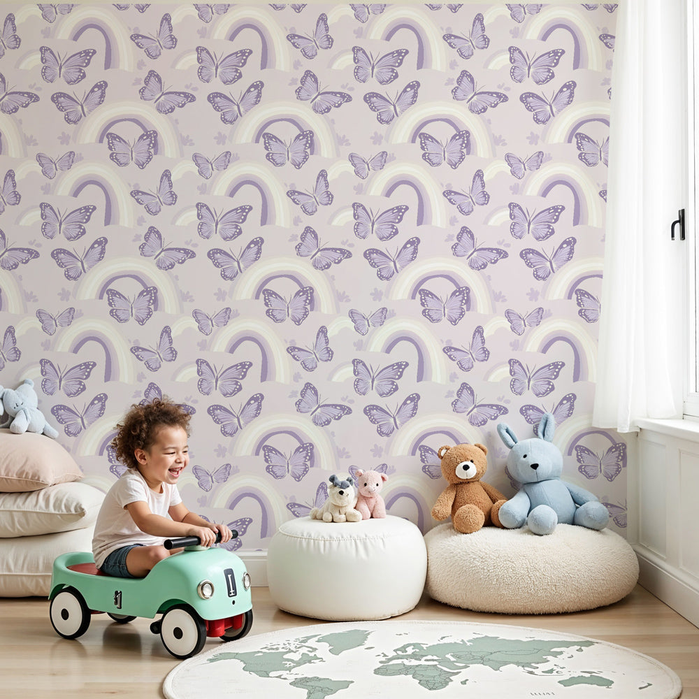 Purple butterfly mural wallpaper with rainbows in modern nursery by Kids-Mundo