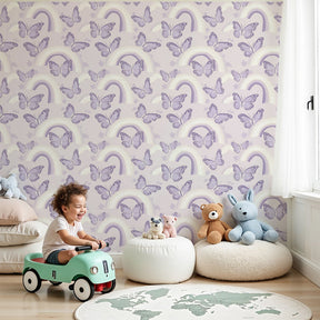 Purple butterfly mural wallpaper with rainbows in modern nursery by Kids-Mundo