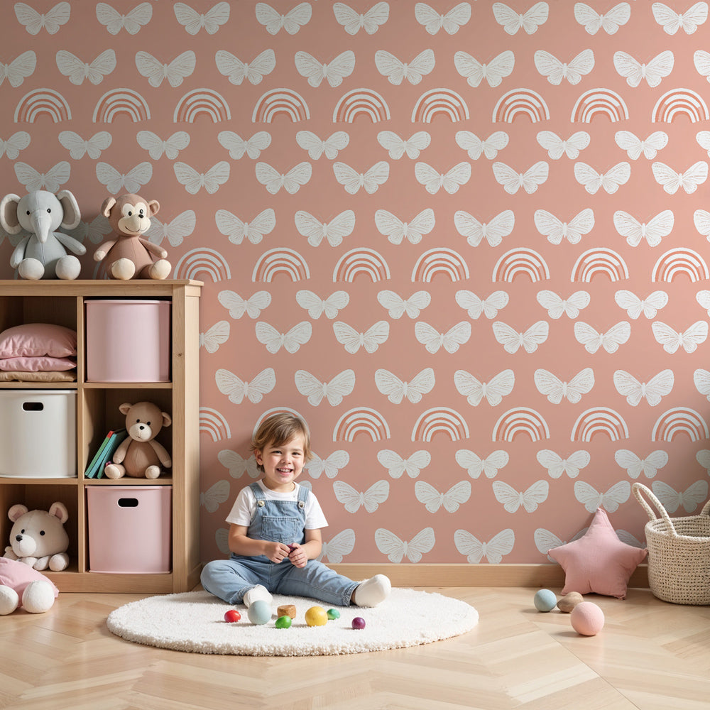 Pink butterfly rainbow mural wallpaper decorating modern nursery room by Kids-Mundo