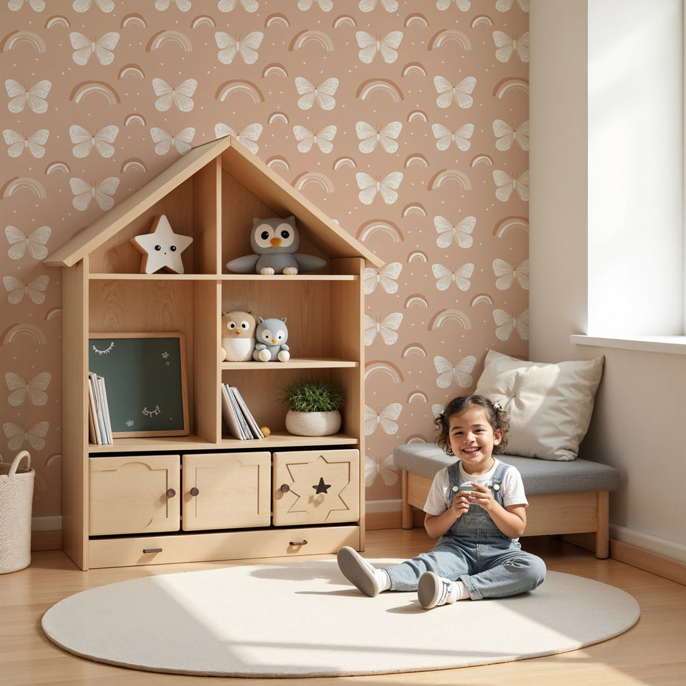 Pink butterfly mural wallpaper with rainbows in modern nursery room by Kids-Mundo