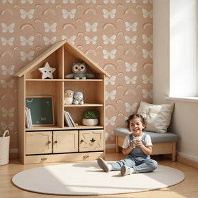 Pink butterfly mural wallpaper with rainbows in modern nursery room by Kids-Mundo