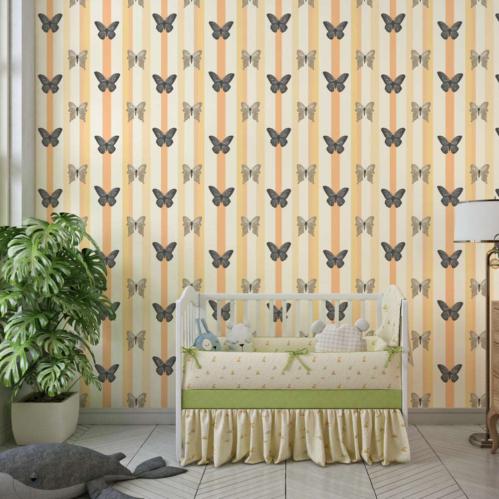 Black and white butterfly mural wallpaper transforming kids playroom with nature-inspired design