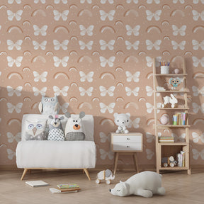 White butterflies and rainbow mural wallpaper in bright children's playroom setting