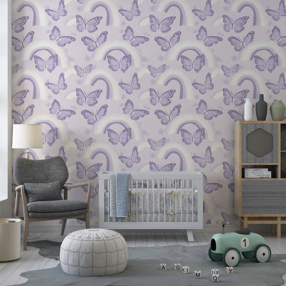 Whimsical butterfly wallpaper with purple butterflies decorating kids playroom