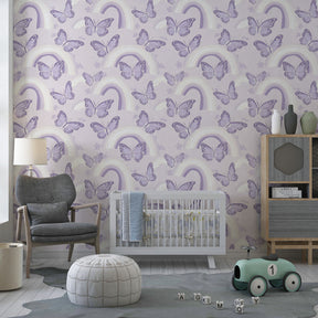 Whimsical butterfly wallpaper with purple butterflies decorating kids playroom