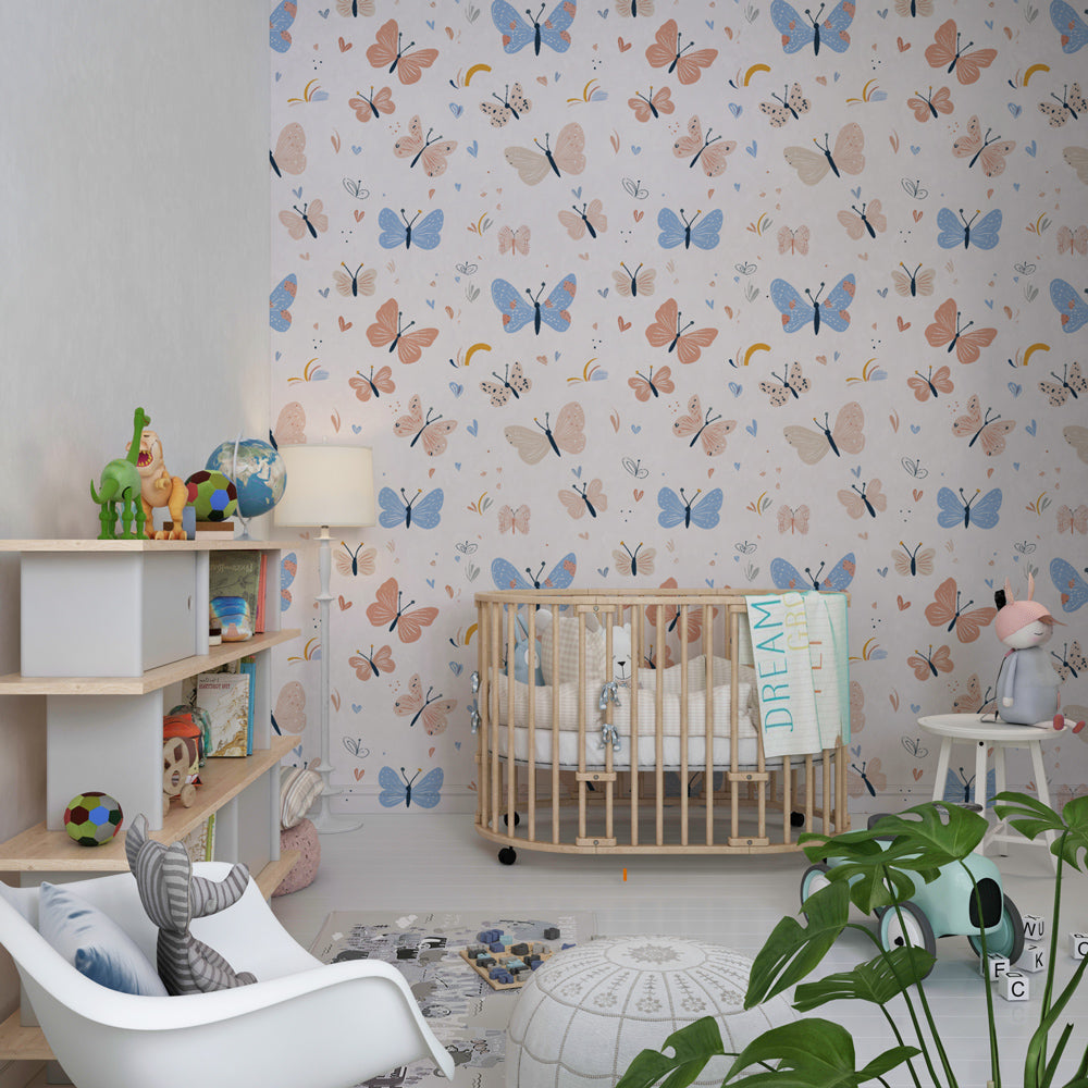 Whimsical butterfly mural wallpaper for kids playroom featuring dancing butterflies and flower motifs