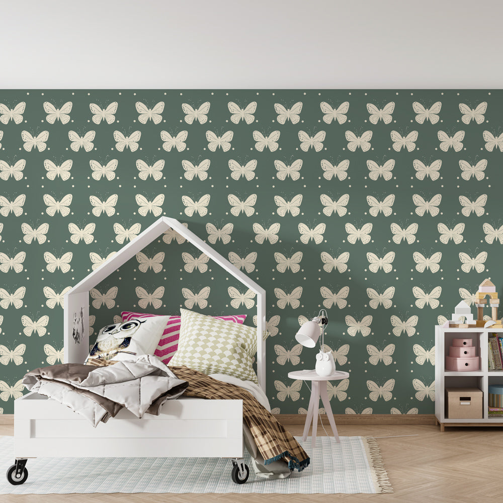Green butterfly mural wallpaper transforming kids playroom into enchanting garden space